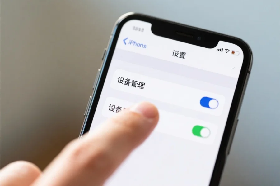 一只手指正在iPhone“设置”界面中点击“设备管理”选项，屏幕清晰可见，环境明亮