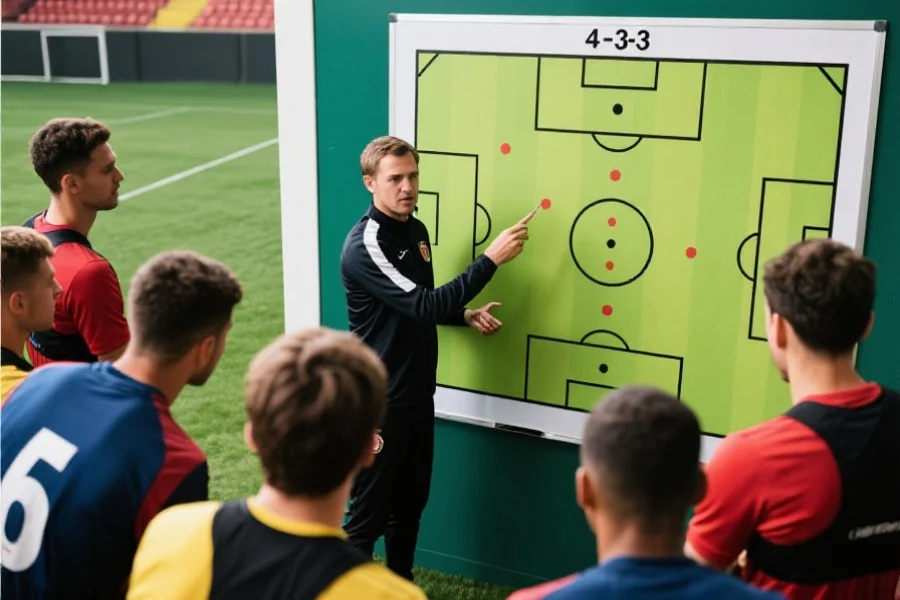 足球教练在战术板上讲解4-3-3阵型，球员们认真围观，氛围积极