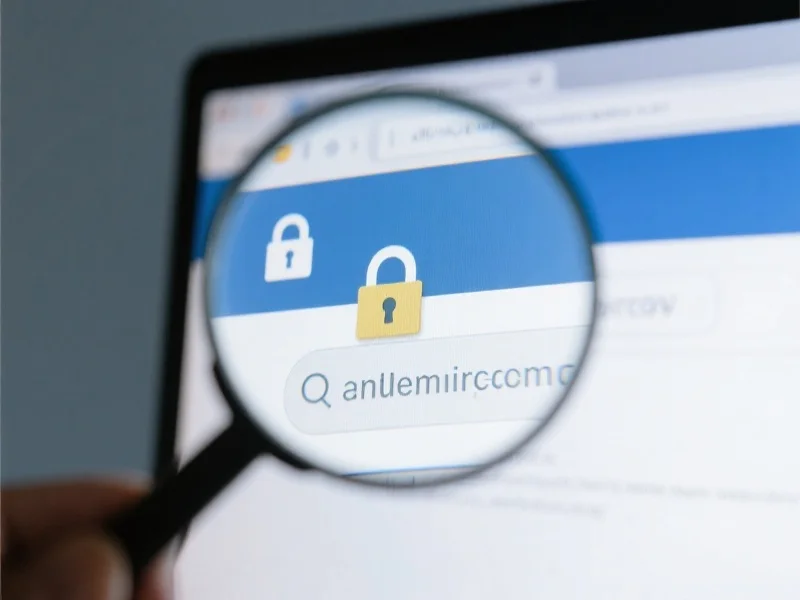 一个放大镜正在检查电脑屏幕上的网址栏，突出显示安全锁标志和清晰的域名