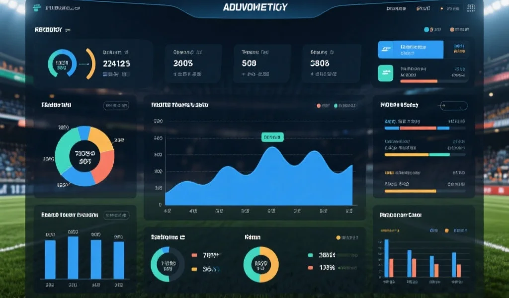 一张清晰的体育数据分析仪表板截图，展示各种统计图表和关键指标，背景为运动场景